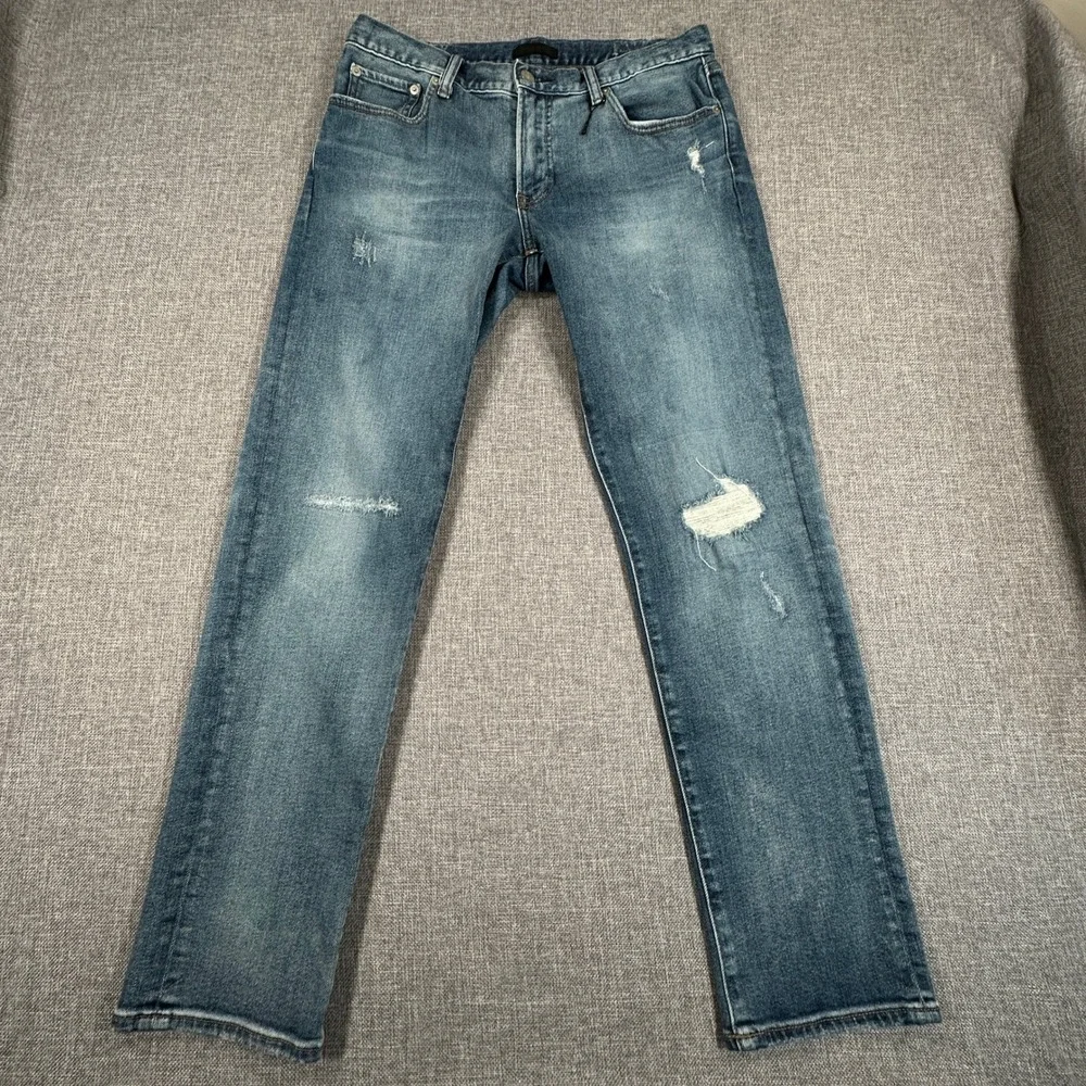 Uniqlo Slim Straight Low Jeans Mens 32x31 Blue Distressed Kaihara Fabric Denim